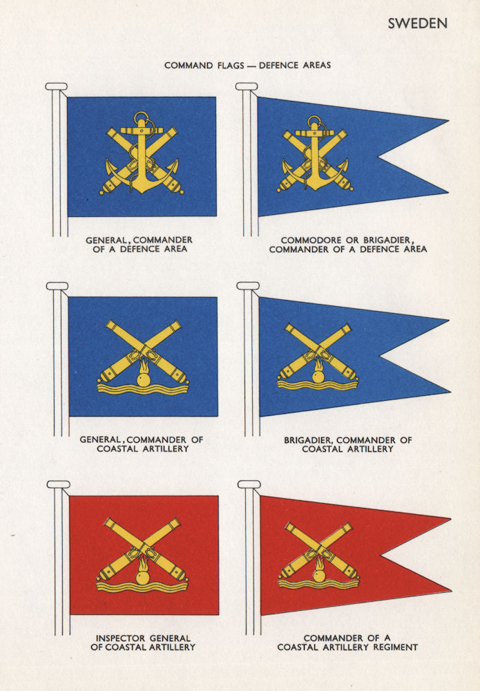 SWEDEN DEFENCE AREAS COMMAND FLAGS. General. Commodore. Coastal Artillery 1958